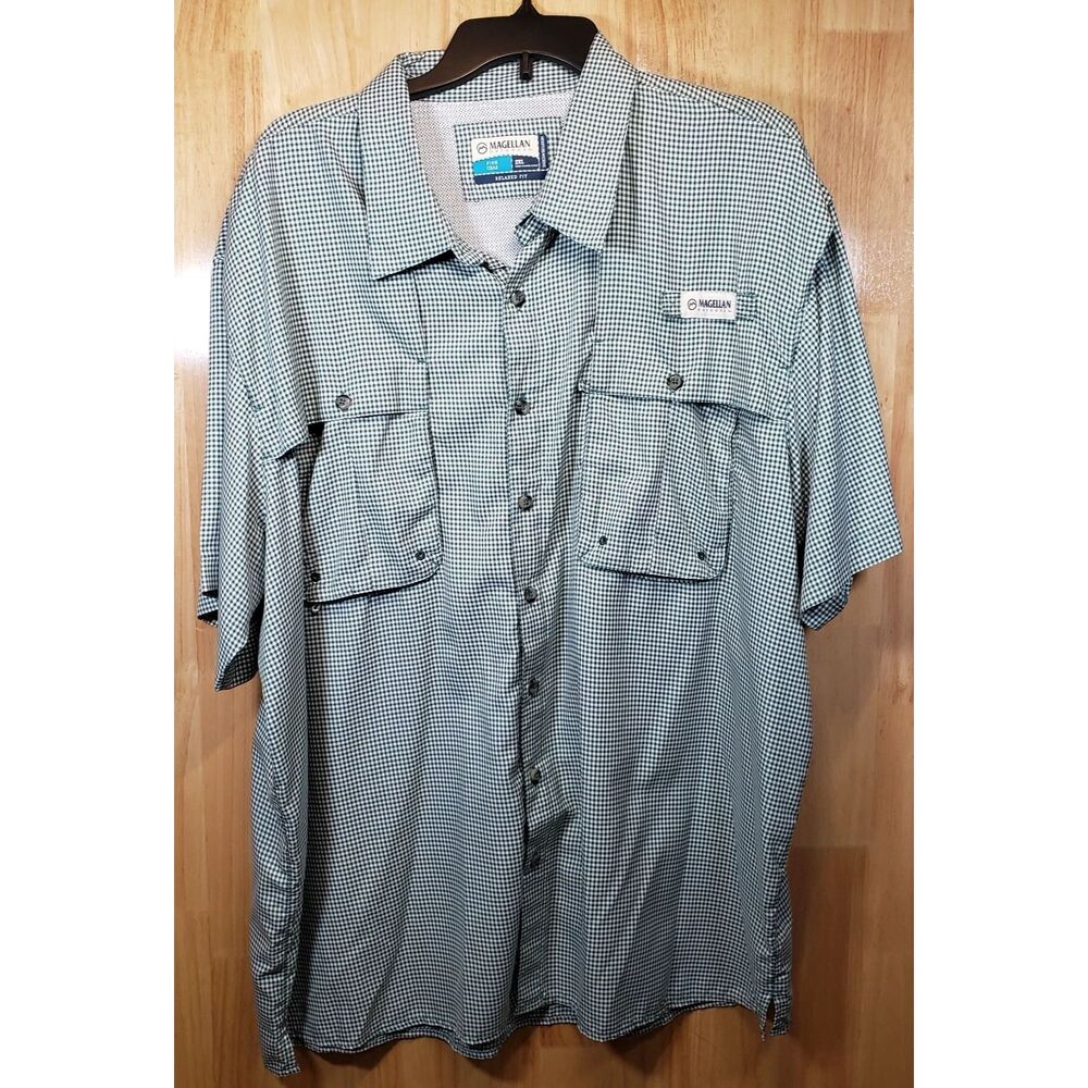 Magellan Outdoors Fish Gear 2XL Men's Green Checkered Short Sleeve Fishing Shirt